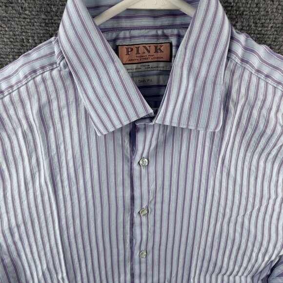 Thomas Pink Long Sleeve Button Up Shirt Cotton Slim Fit 17 French Cuff Striped - Picture 1 of 15
